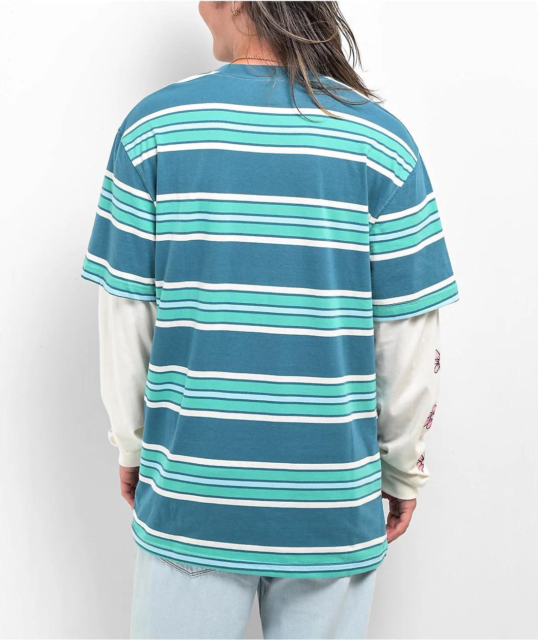 Salem7 Flower Power Blue Stripe 2Fer Long Sleeve T-Shirt Product Image