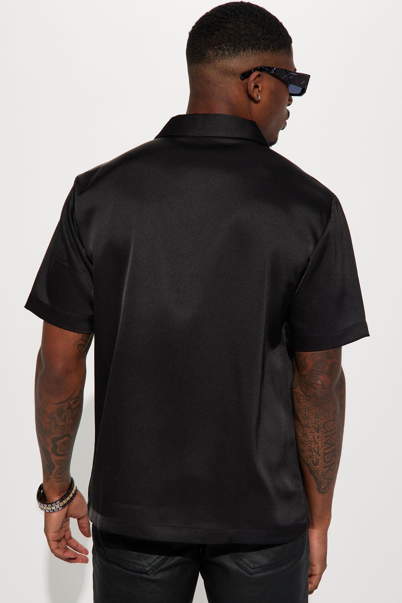 Links Satin Short Sleeve Button Up Shirt - Black Product Image