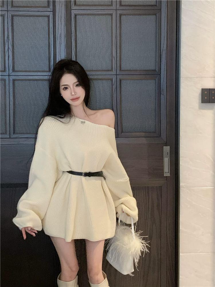 Off Shoulder Long Sleeve Plain Belted  Sweater Product Image