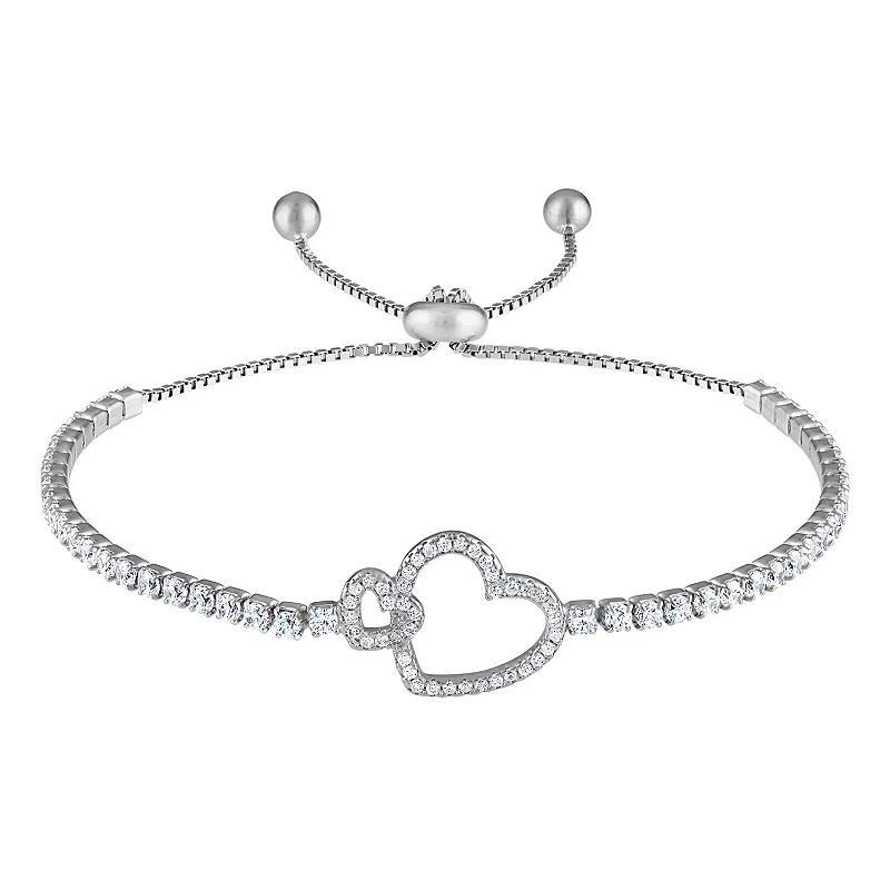 Sterling Silver Cubic Zirconia Double Heart Bolo Bracelet, Womens, White Product Image