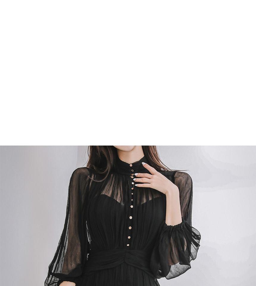 Balloon Sleeve Stand Collar Plain Ruffle Gathered Button Mini A-Line Dress Product Image