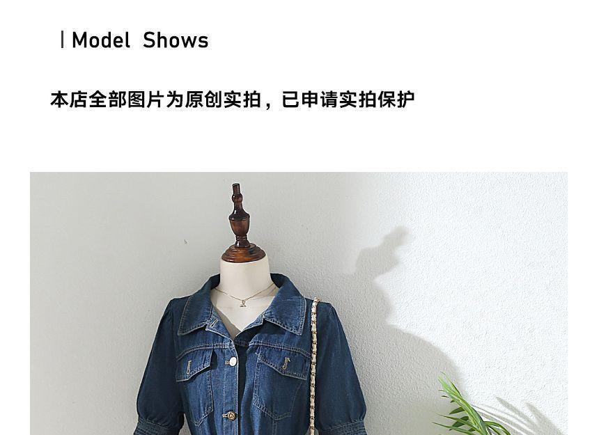 Short-Sleeve Collared Button-Up Denim Midi A-Line Dress Product Image