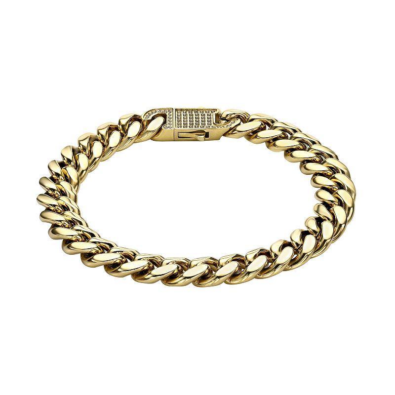 LYNX Mens Gold Tone Ion-Plated Stainless Steel 9 mm Curb Chain Bracelet with Cubic Zirconia Clasp Product Image