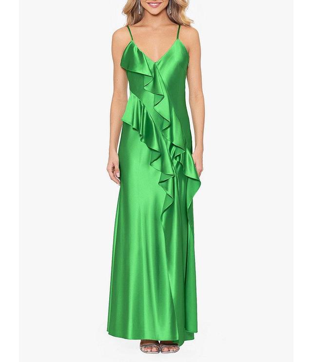 Betsy & Adam V Neckline Sleeveless Cascading Ruffle Gown Product Image