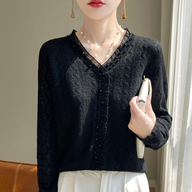 V-Neck Beaded Plain Cardigan Product Image