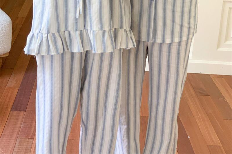 Couple Matching Long-Sleeve Striped Lace Trim Pajama Top / Pajama Dress / Pants / Shirt / Set Product Image