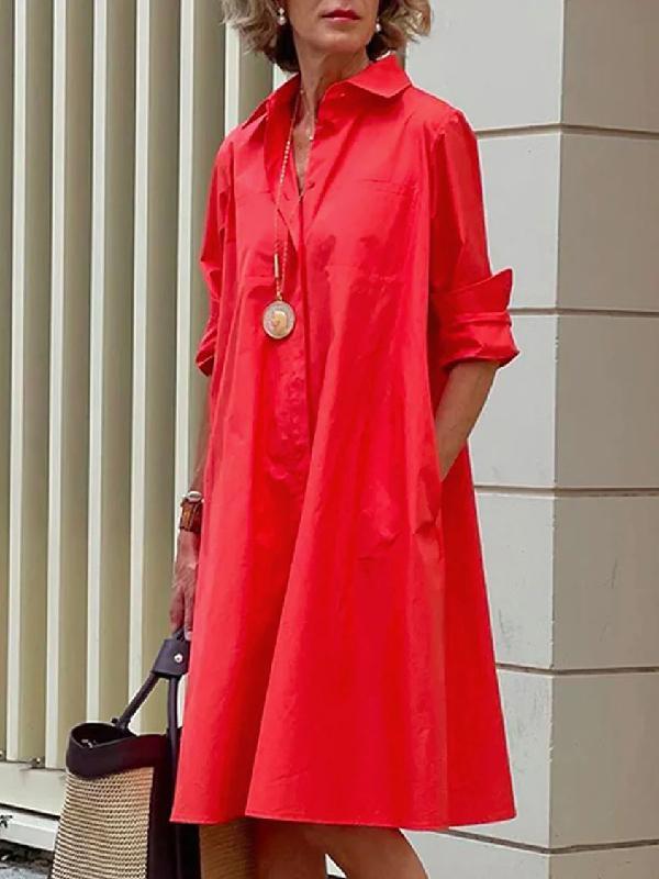 Simple Long Sleeves Solid Color Lapel Midi Dress Product Image