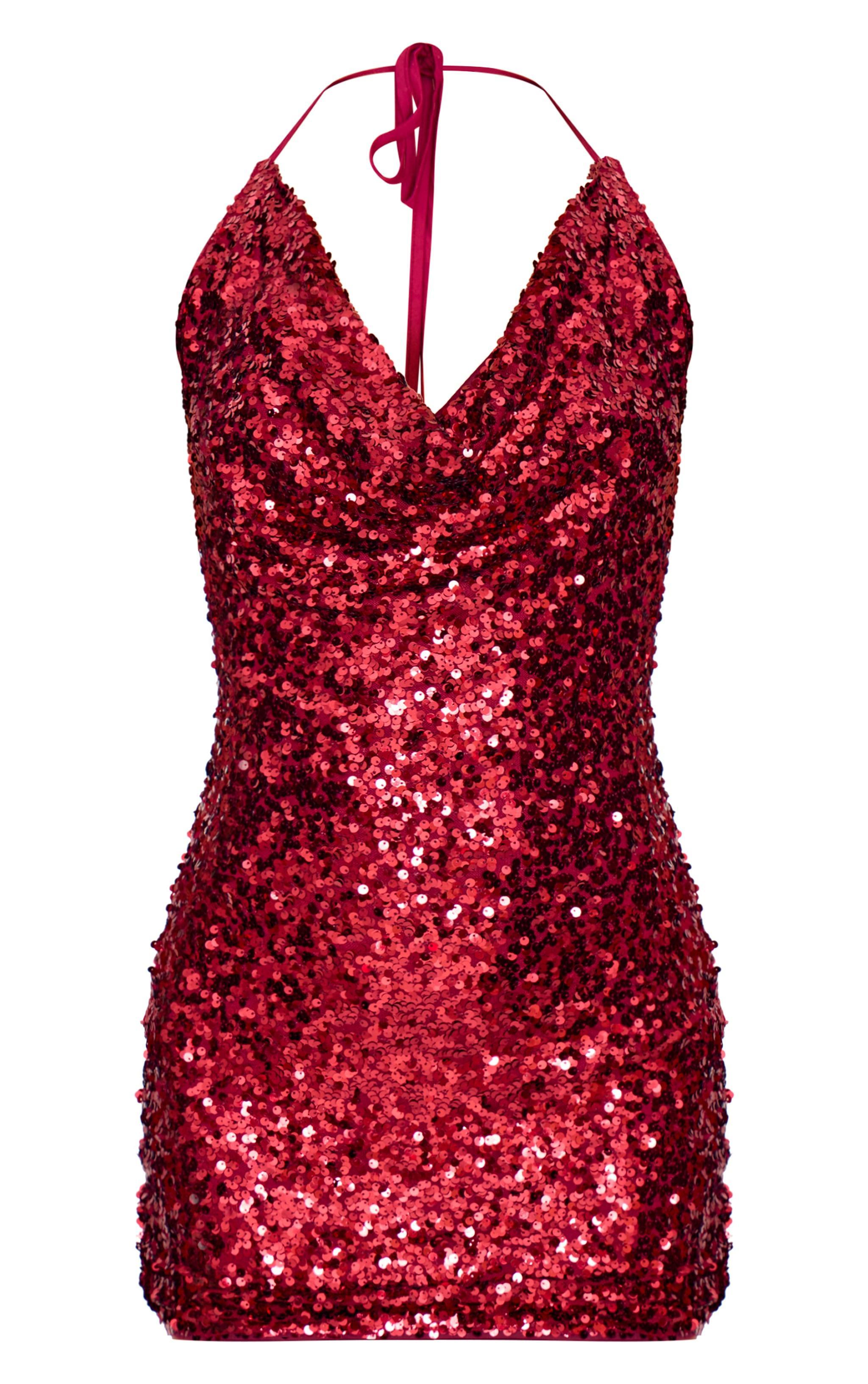 Burgundy Sequin Tie Cowl Halter Neck Bodycon Dress Product Image