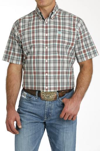 Cinch® Men's S/S Cream/Charcoal/Red Plaid Button Shirt Product Image