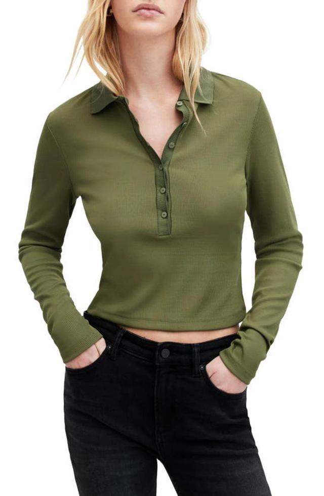 Hallie Long Sleeve Ribbed Polo Shirt In Grass Green Product Image