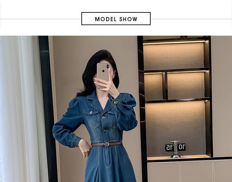 Puff Sleeve Collared Washed Button Midi A-Line Denim Dress Product Image