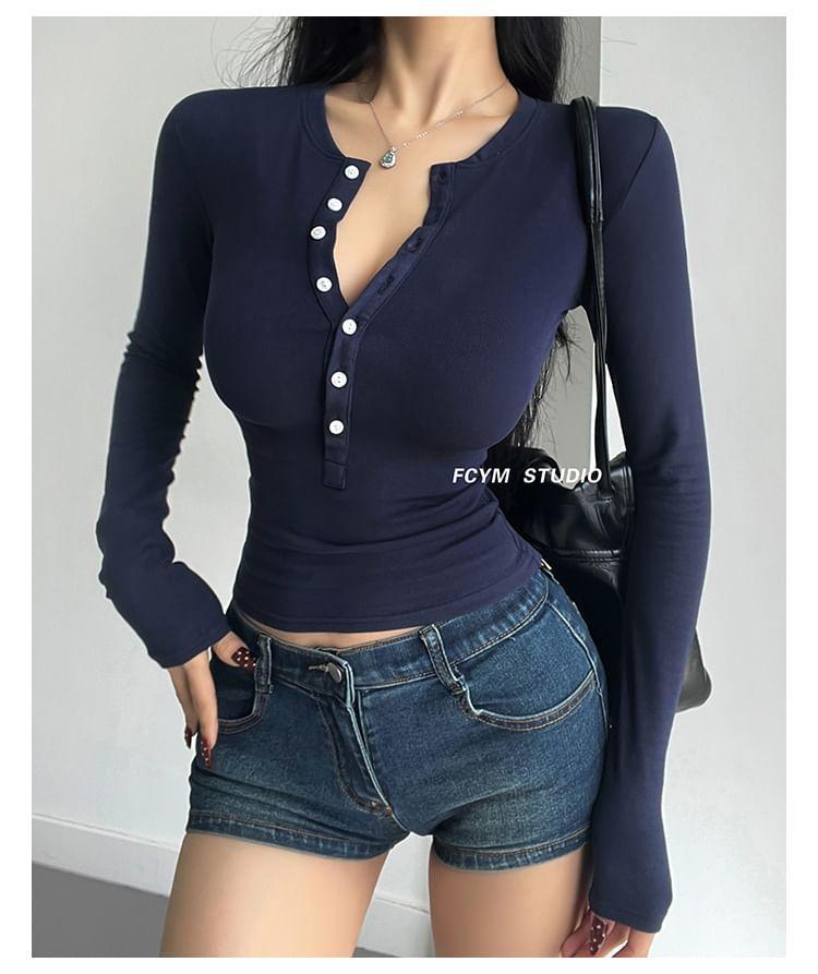 Long-Sleeve Slim-Fit Crop Henley Product Image