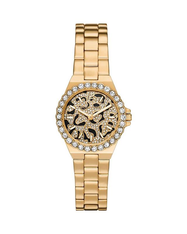 Michael Kors Womens Lennox Three-Hand Gold-Tone Leopard Print Stainless Steel Bracelet Watch Product Image