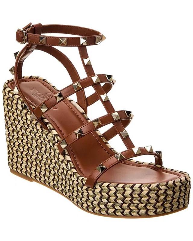 Valentino Rockstud Caged 95 Leather Wedge Sandal In Brown Product Image