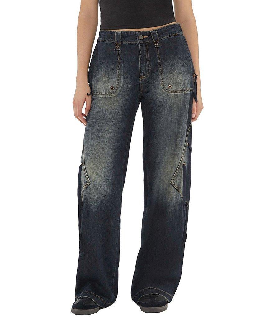 Guess Mid Rise Lace Up Distressed Denim Cargo Pants Product Image