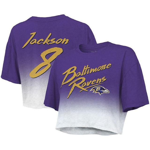 Womens Majestic Threads Lamar Jackson /White Baltimore Ravens Drip-Dye Player Name & Number Tri-Blend Crop T-Shirt Product Image