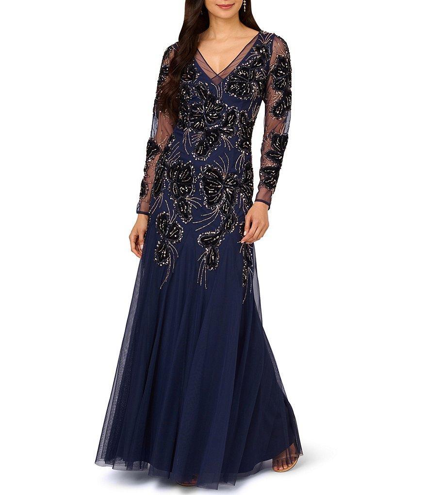 Adrianna Papell Beaded Mesh Velvet Applique V-Neck Illusion Long Sleeve Gown Product Image