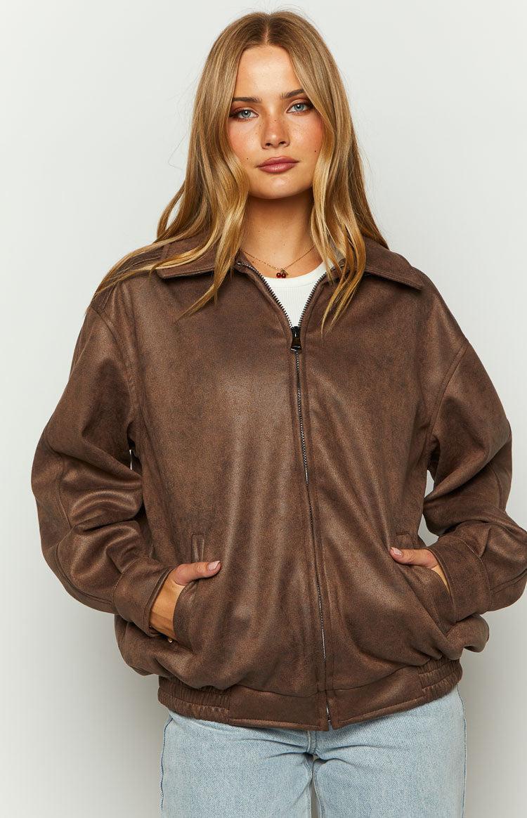 Abbi Brown Faux Suede Bomber Jacket Product Image