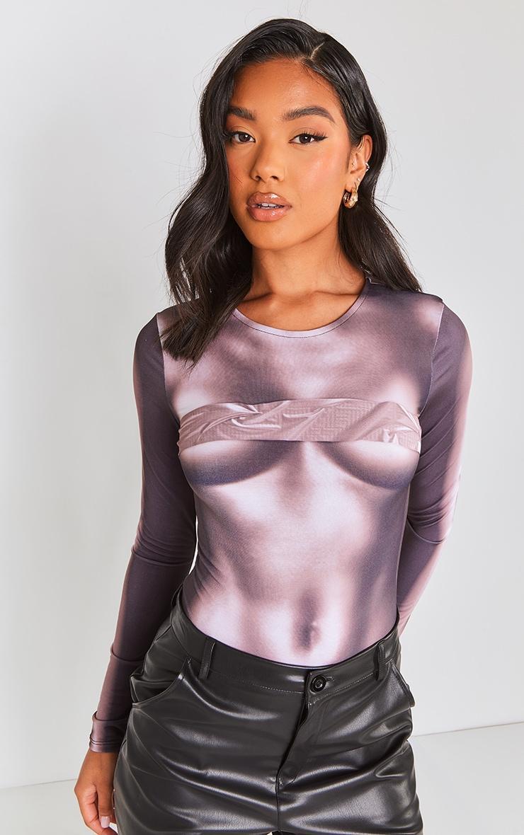 Grey Body Print Long Sleeve Bodysuit Product Image