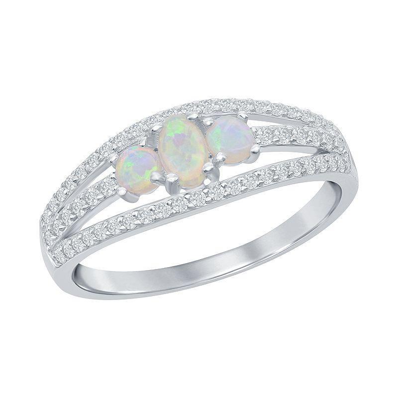 Sterling Silver Three-Stone White Opal Cubic Zirconia Band Ring, Womens Product Image