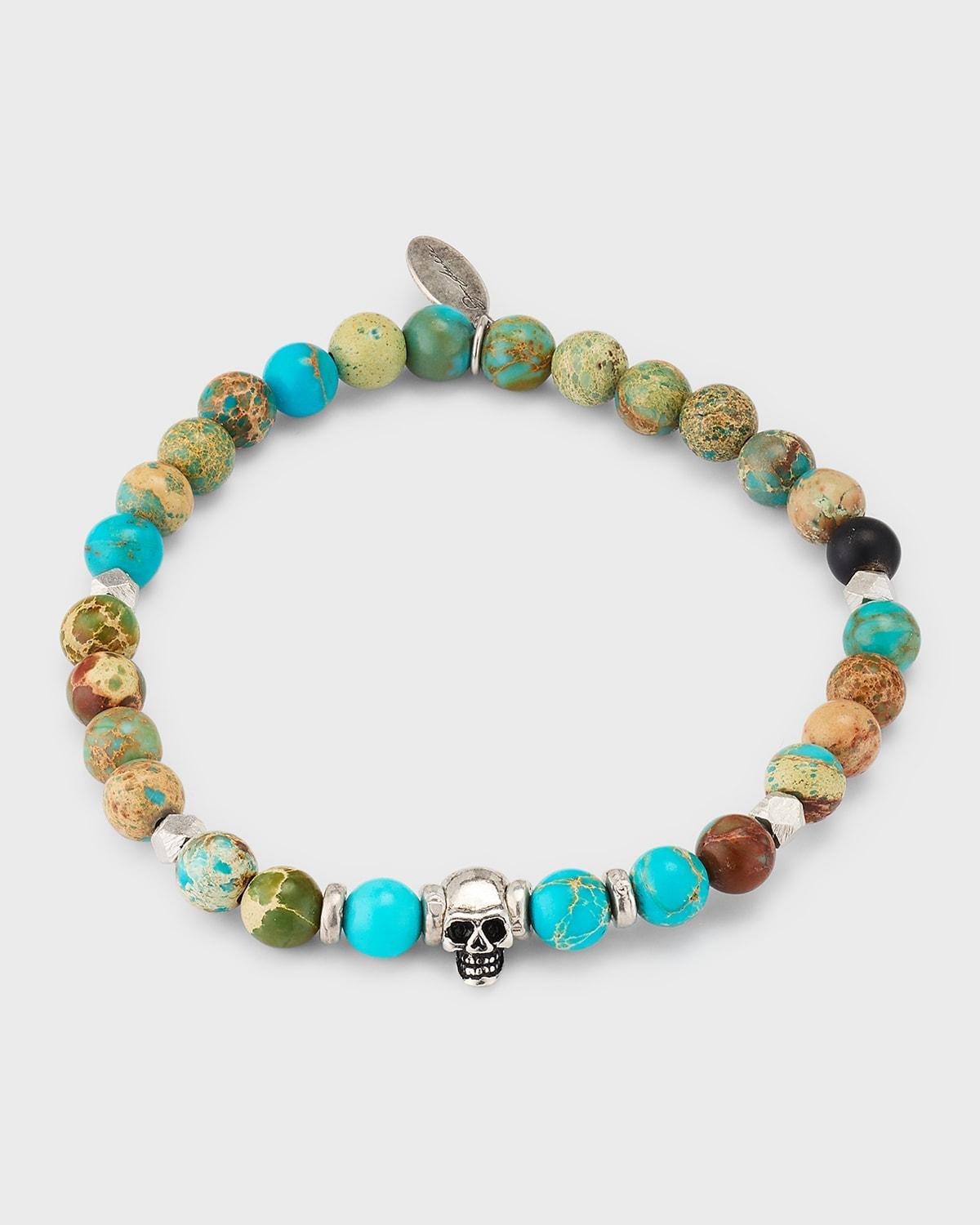 Mens Skull Chrysocolla, Black Agate, & Sterling Silver Stretch Bracelet Product Image