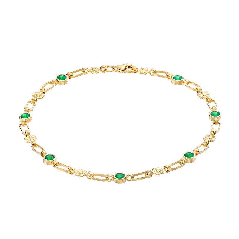 Kristen Kesho Sterling Silver Lab-Created Emerald Flower Link Bracelet, Womens Gold Tone Product Image