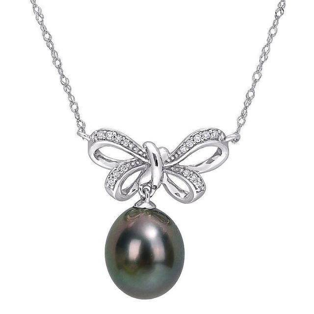 Stella Grace 10k White Gold Tahitian Cultured Pearl & Diamond Accent Bow Pendant Necklace, Womens Black Product Image