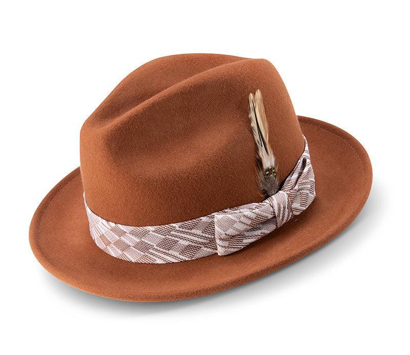 (XL) Cognac Wool Felt Dress Hat with Feather Accent Product Image