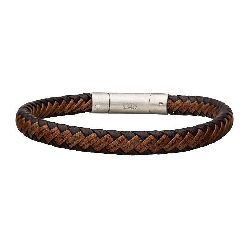 Mens Stainless Steel Braided Leather Bracelet Brown Product Image