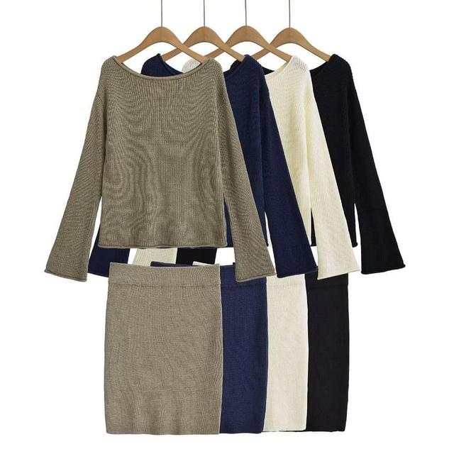 Set: Flared-Sleeve Off-Shoulder Plain Sweater + High Rise Mini Pencil Skirt Product Image