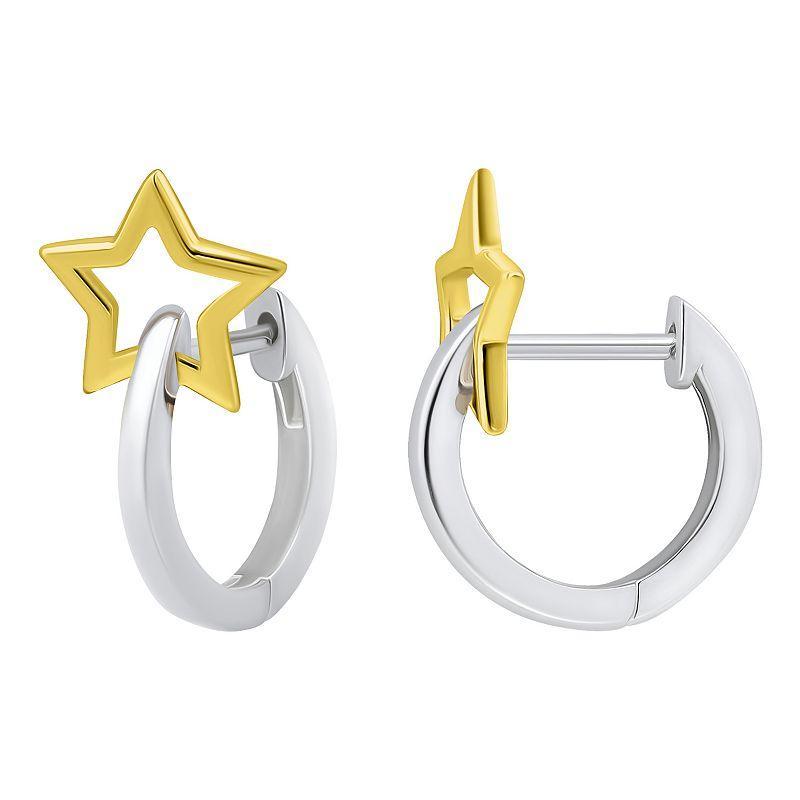 Aleure Precioso Sterling Silver Star Huggie Hoop Earrings, Womens, Two Tone Product Image