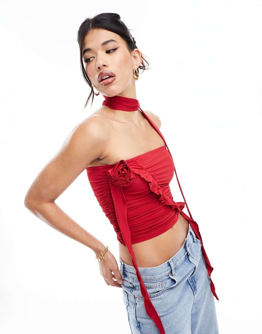 Simmi bandeau corsage top with choker in red Product Image