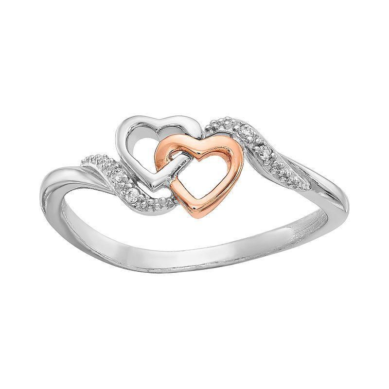 Two Tone Sterling Silver Diamond Accent Double Heart Promise Ring, Womens Pink Tone Product Image