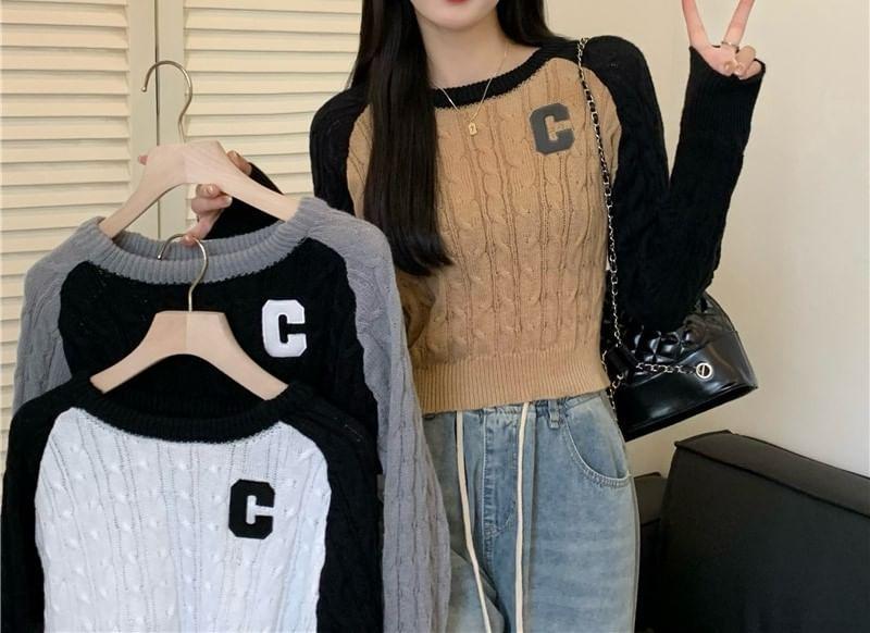 Long-Sleeve Crewneck Lettering Raglan Crop Knit Top Product Image