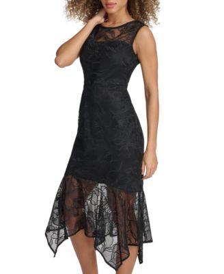 kensie Womens Embroidered Mesh Handkerchief-Hem Dress Product Image