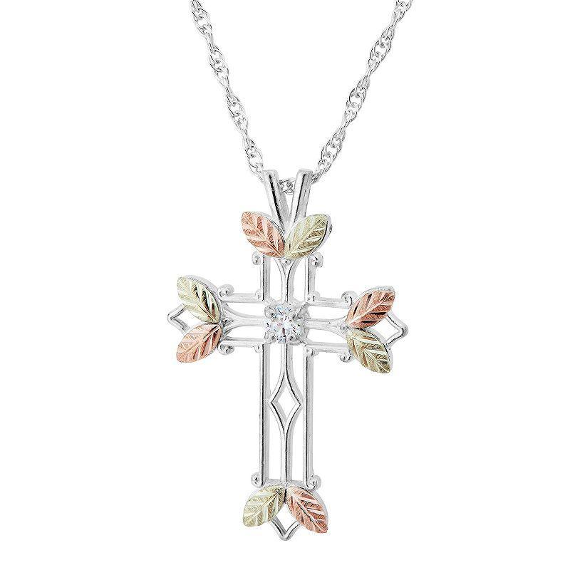 Black Hills Gold Tri-Tone Openwork Cross Pendant Necklace in Sterling Silver, Womens Grey Product Image