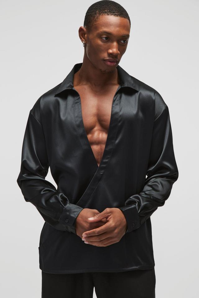 Oversized Deep V Satin Shirt | boohooMAN USA Product Image