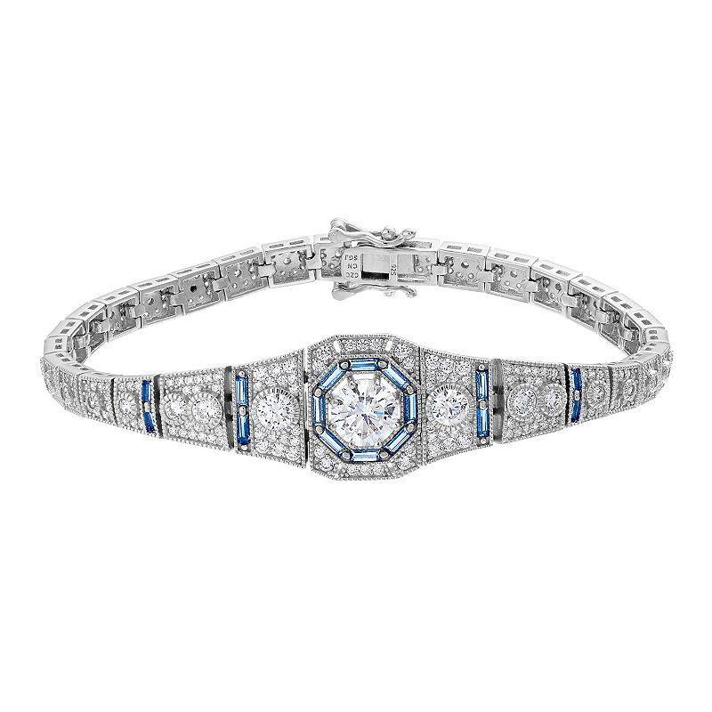 Sterling Silver Clear & Blue Cubic Zirconia Art Deco Link Bracelet, Womens White Product Image