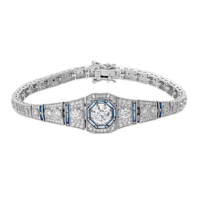 Sterling Silver Clear & Blue Cubic Zirconia Art Deco Link Bracelet, Womens Product Image