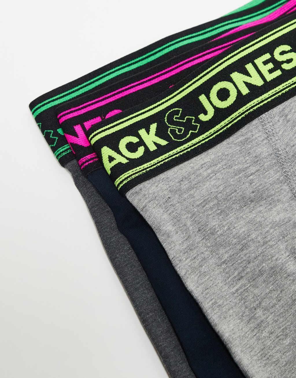 Jack & Jones 3 pack boxer briefs with neon waistband in black & gray  Product Image