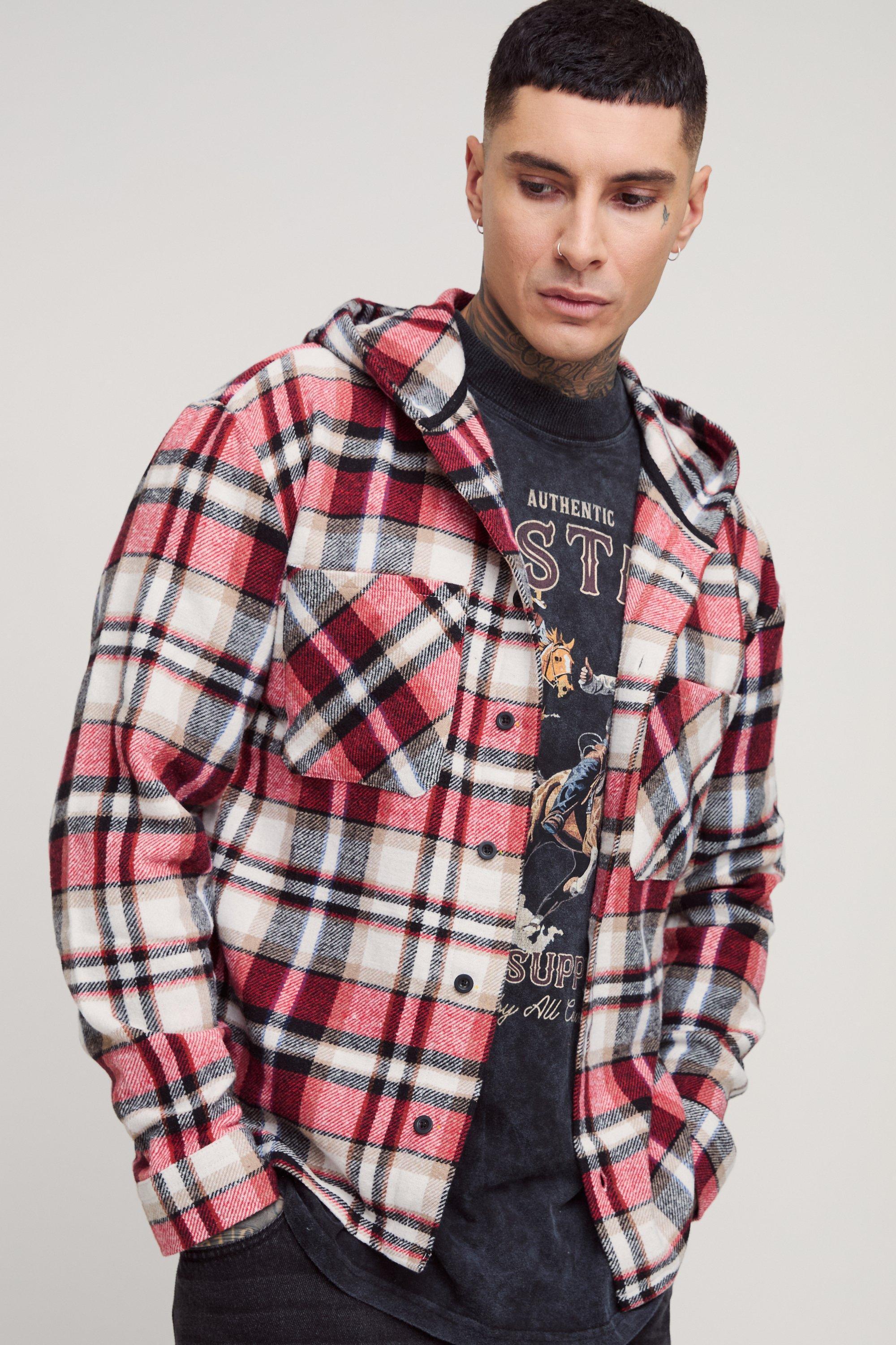 Tall Brushed Hooded Plaid Shirt Jacket | boohooMAN USA Product Image