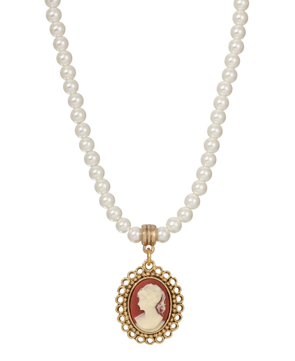 1928 Gold Tone Pearl And Carnelian Cameo Oval Drop Necklace, Womens, Orange Product Image