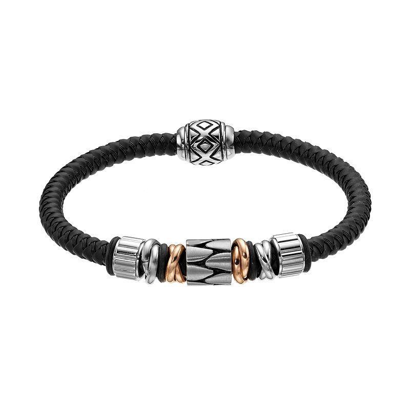 Two Tone Stainless Steel and Leather Bead Bracelet, Mens Black Product Image