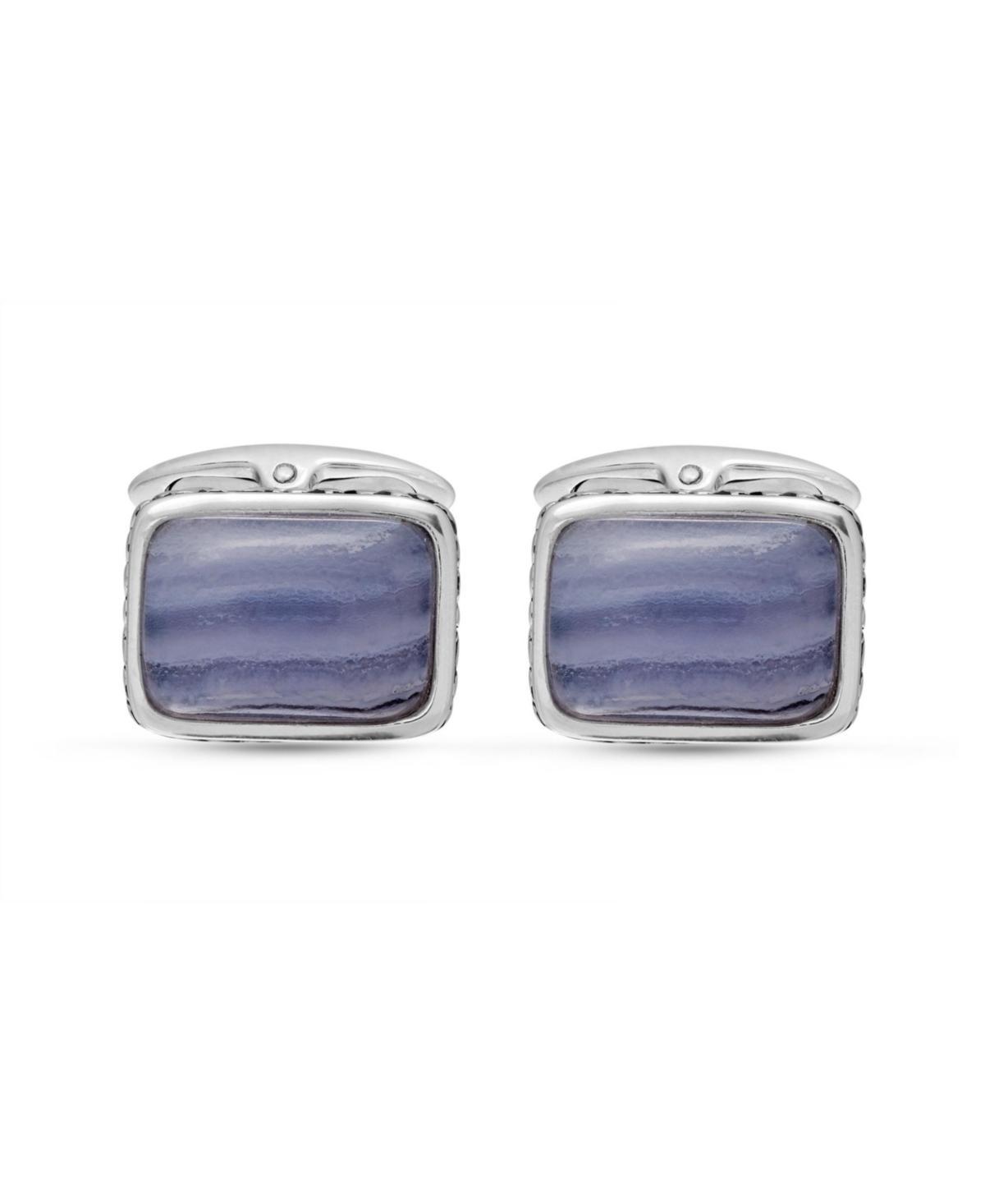 LuvMyJewelry Blue Lace Agate Gemstone Sterling Silver Black Rhodium Plated Men Cufflinks - White Product Image