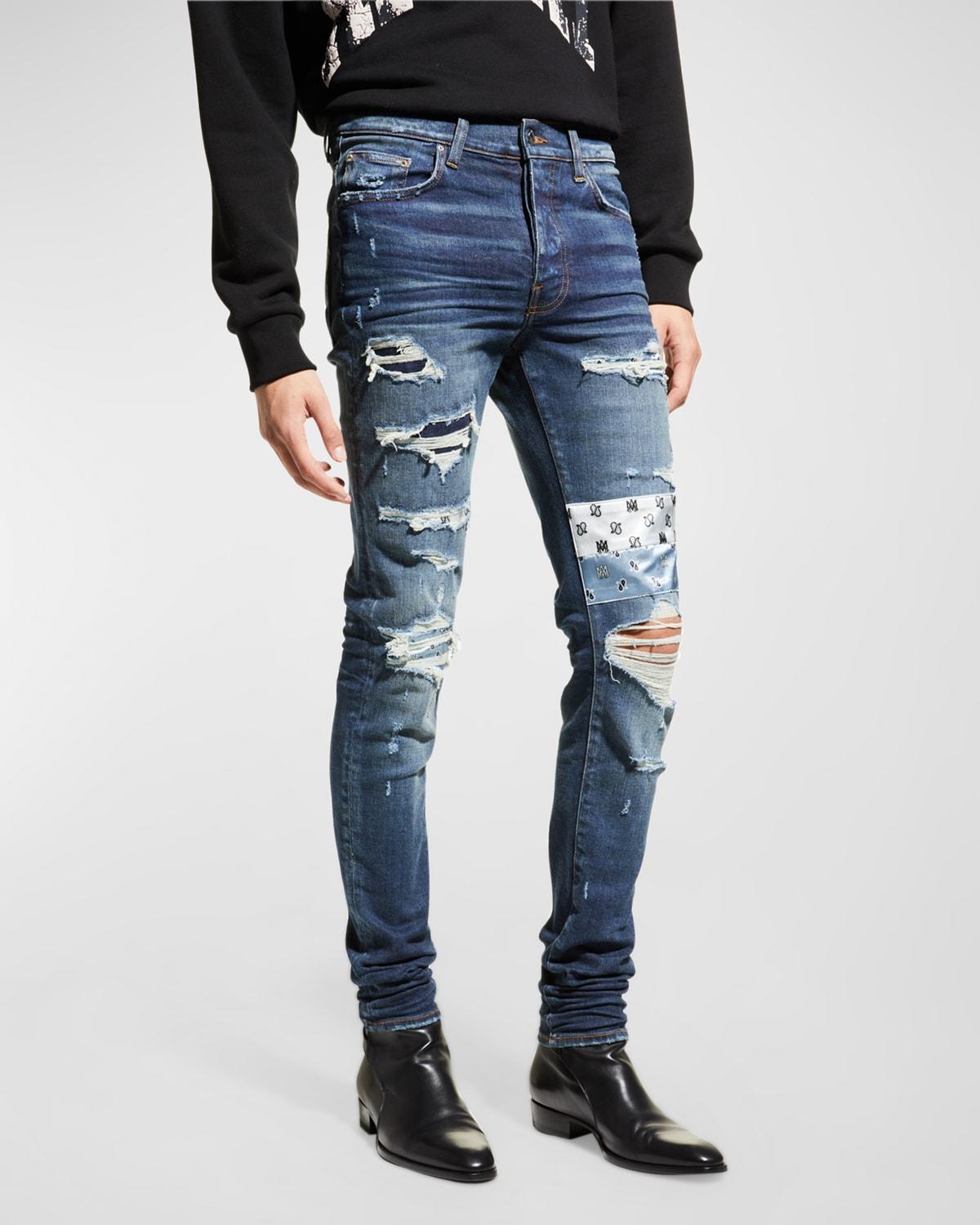 Mens Paisley-Patch Destroyed Skinny Jeans Product Image