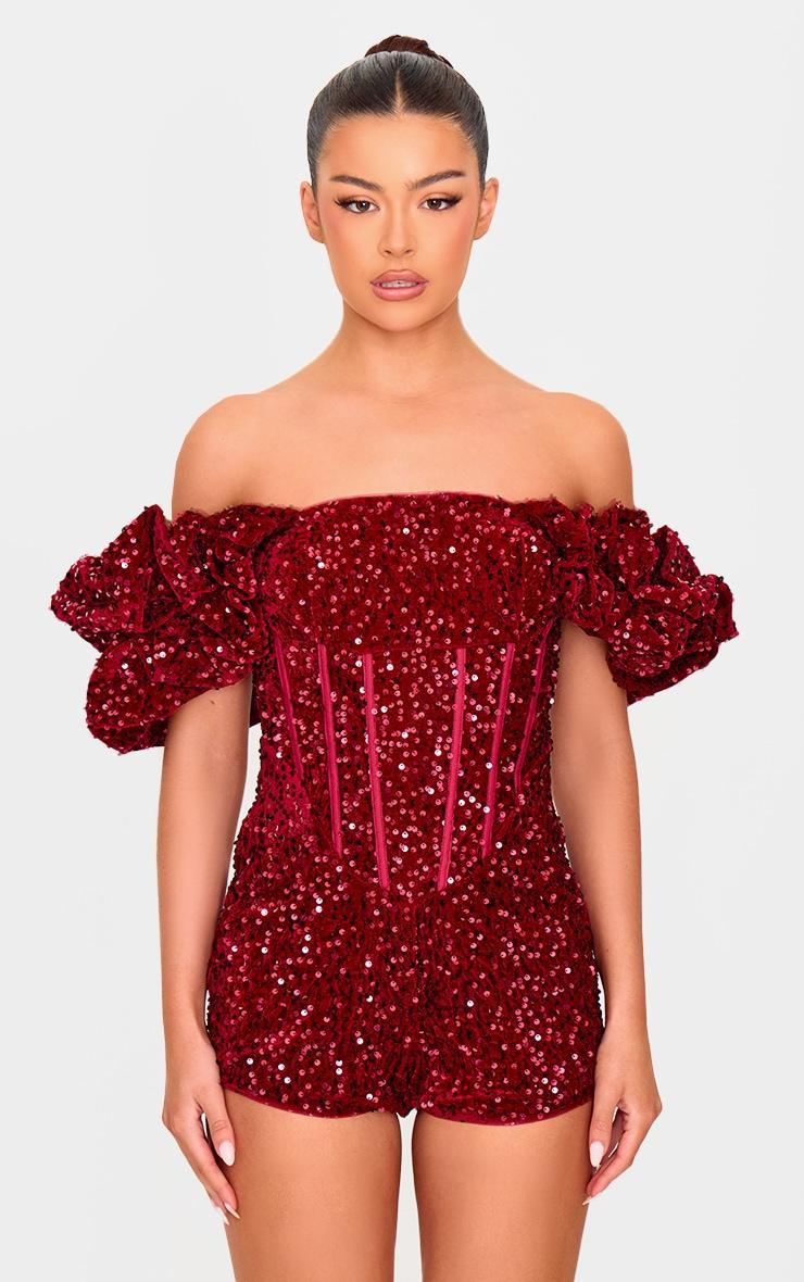 Burgundy Velvet Sequin Puff Sleeve Romper product image