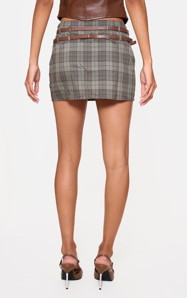 Dark Green Plaid Printed Double Belt Tailored Mini Skirt Product Image