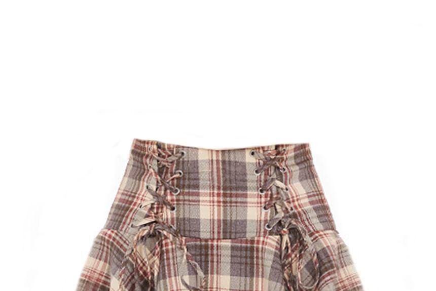 High Rise Plaid Lace Up Mini A-Line Skirt Product Image