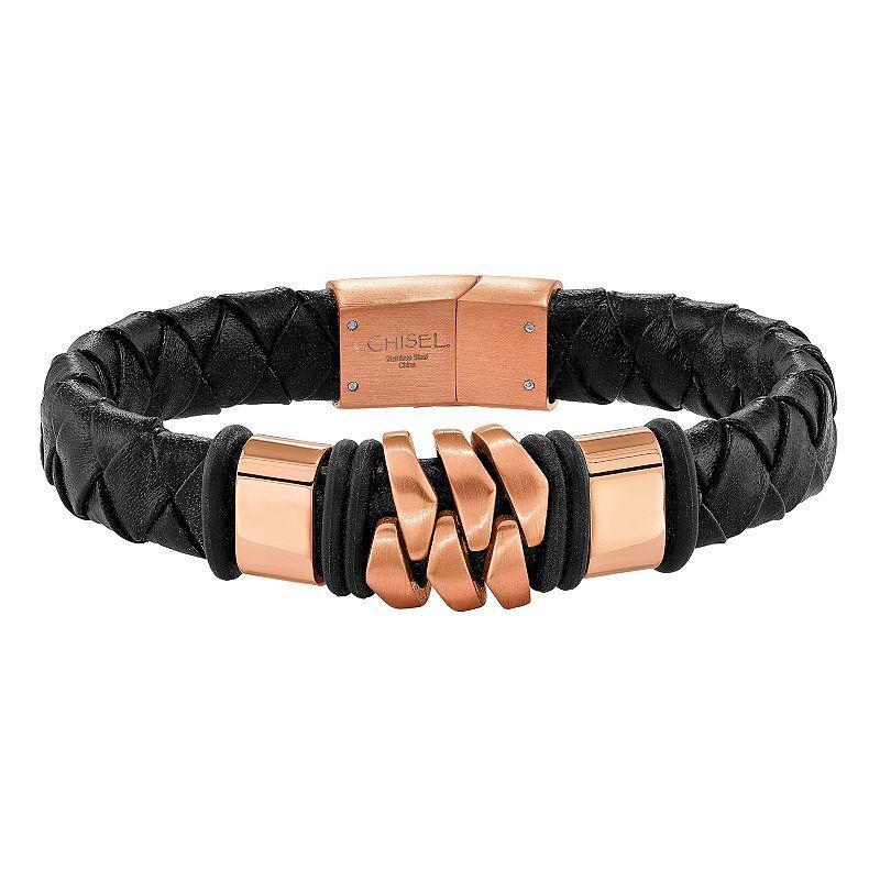 Mens Rose Plated Stainless Steel Black Leather Bracelet Product Image