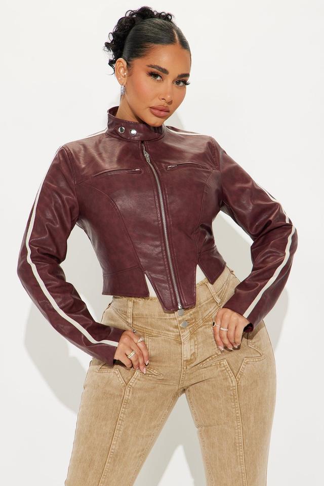 Makena Lace Up Washed Faux Leather Jacket - Burgundy Product Image